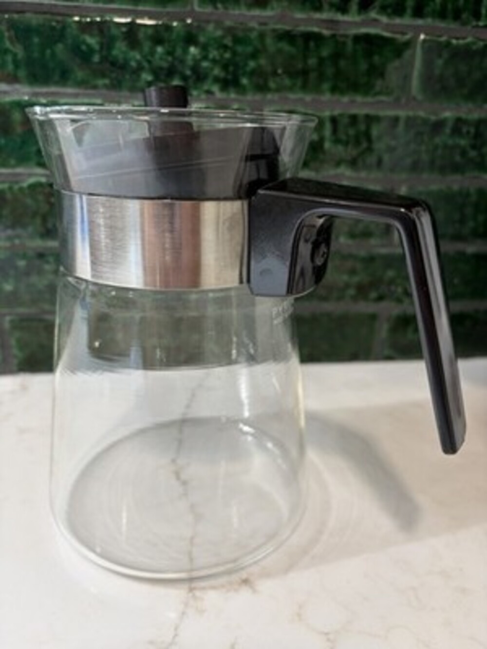 Vintage 1960s Pyrex Conical Glass Coffee Carafe Silver Band Black Handle Lid MCM